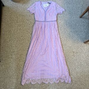 NWT Merokeety Womens Maxi Dress Size L Boho Fairy Pastel Purple Lace Mesh Empire
